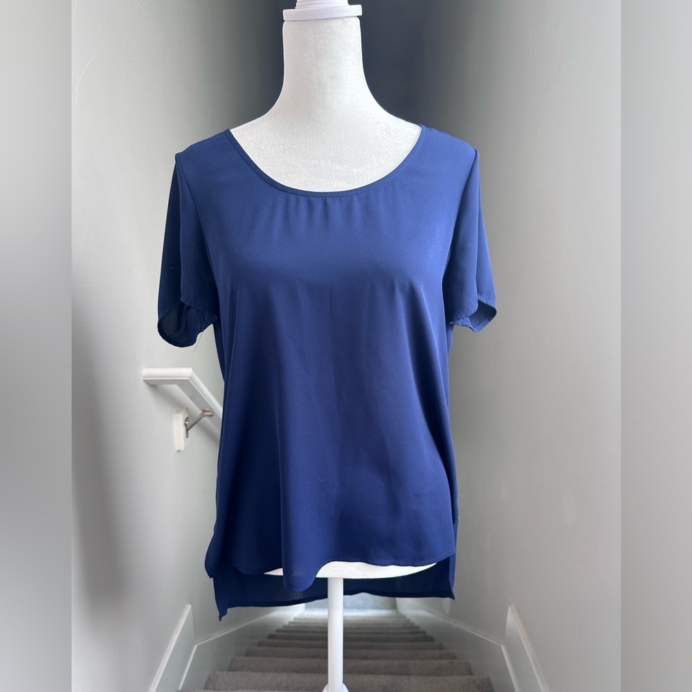 Express High Low Blue Short‎ Sleeve Top Semi-Sheer Size Small